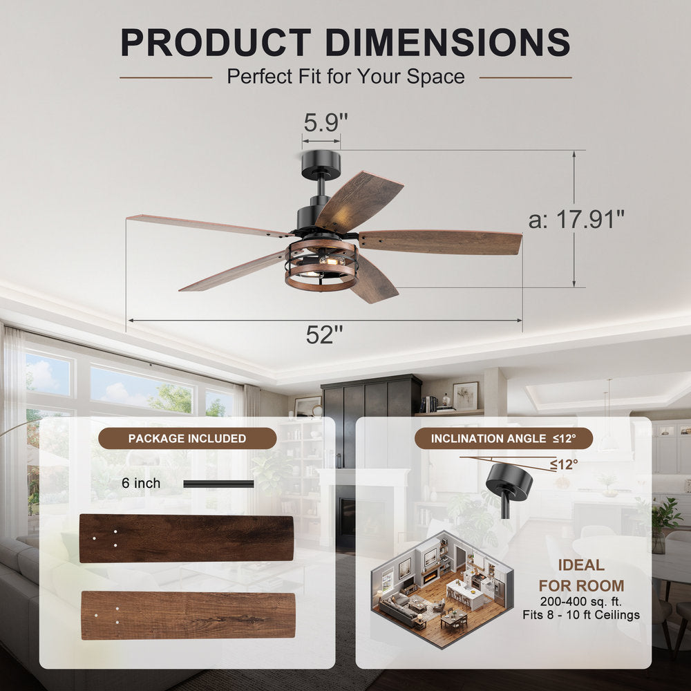 52 Inch 5 Blade Farmhouse Ceiling Fan with Light and Remote