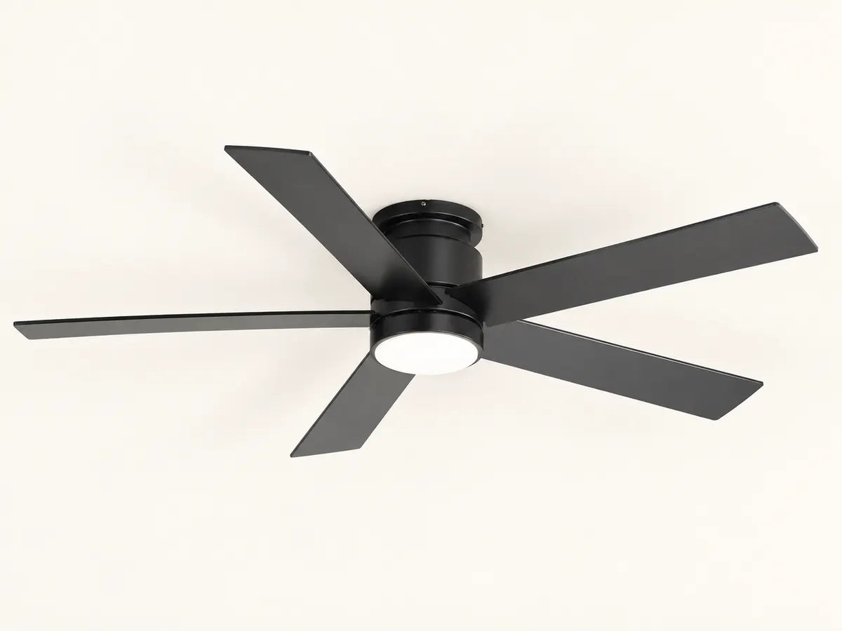 Five black blades and an integrated LED on a flush mount ceiling fan