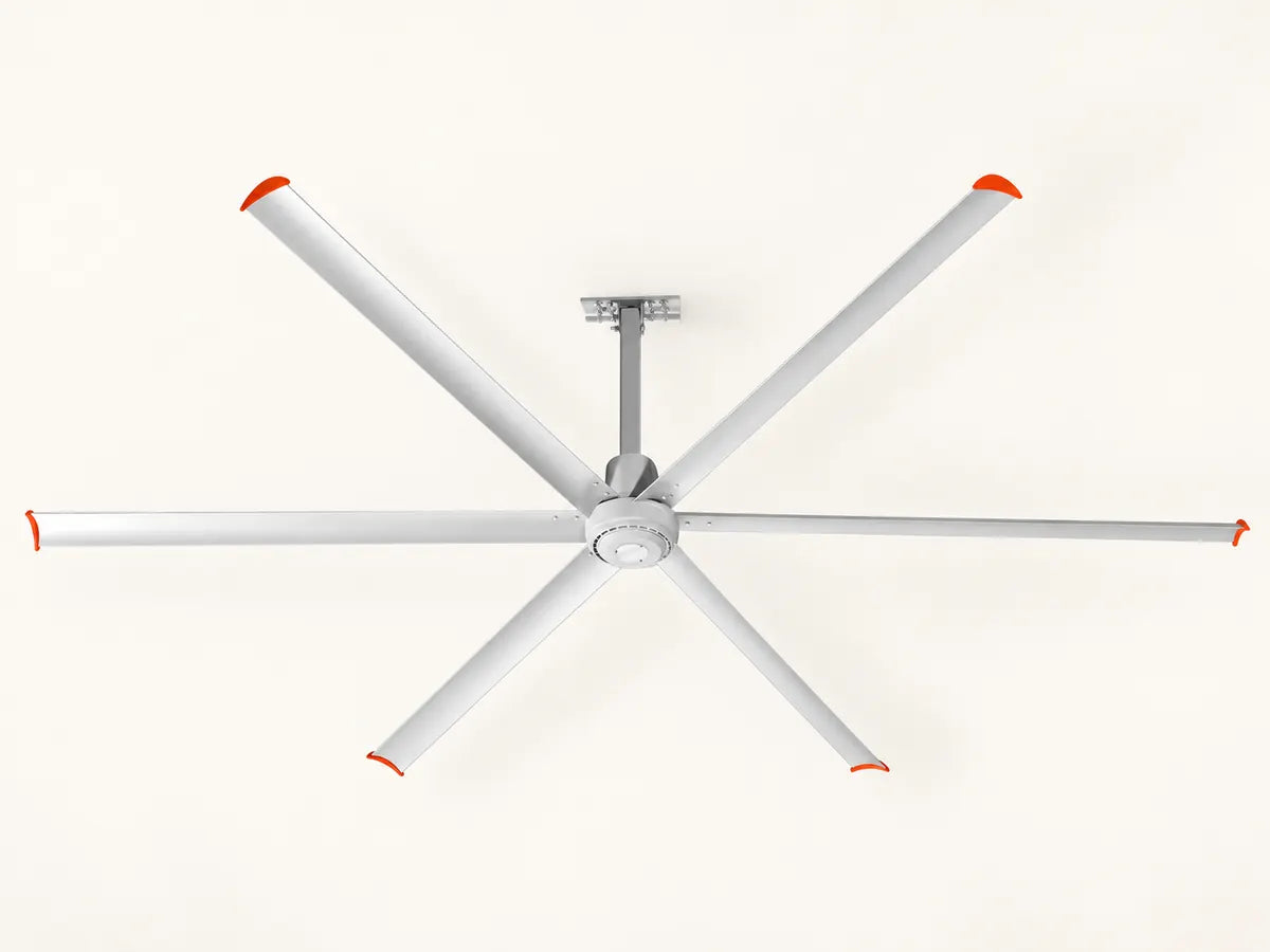 Silver six-blade HVLS ceiling fan with orange blade tips