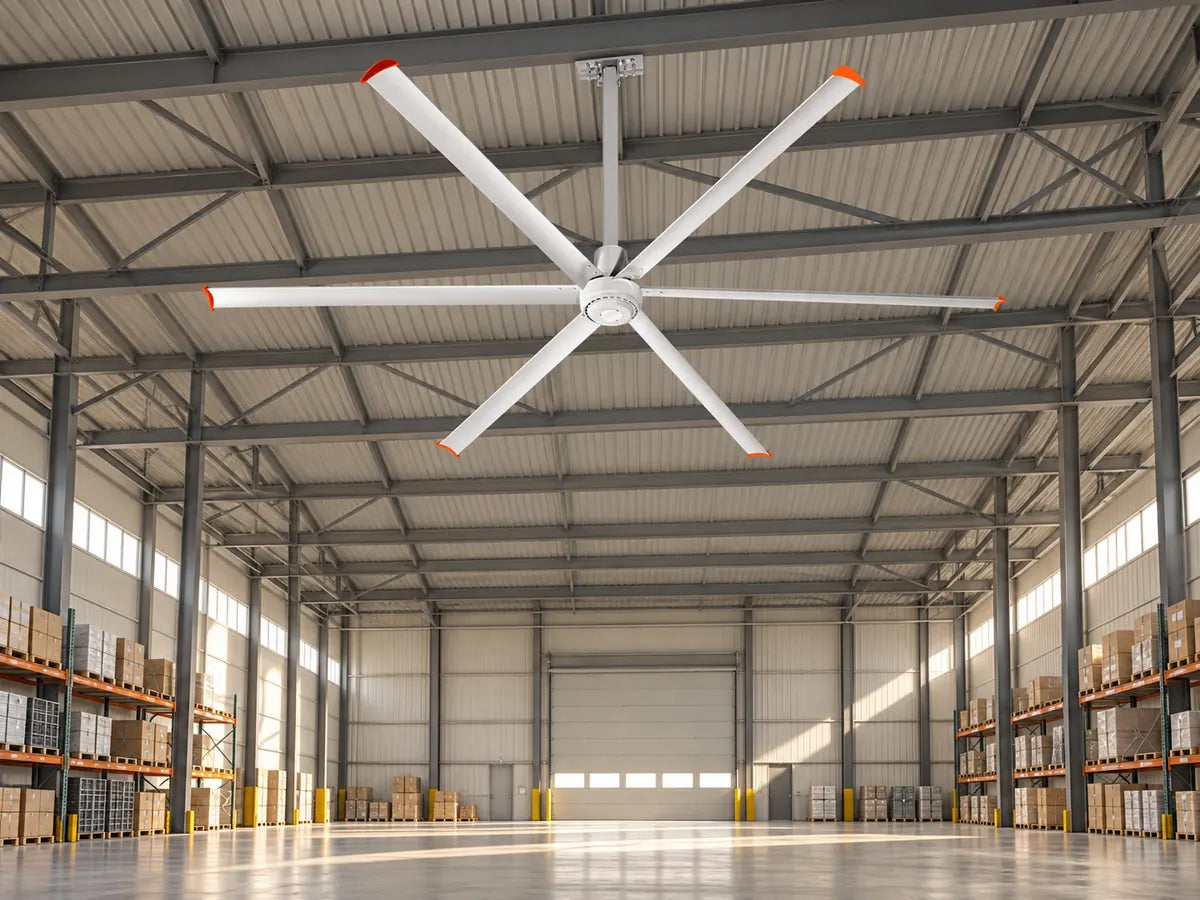 Large ceiling fan illustrated above an open warehouse floor