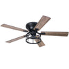 52-Inch Black Flush Mount Ceiling Fan with Caged Light and 5 Plywood Blades