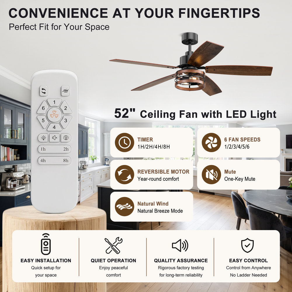 52 Inch 5 Blade Farmhouse Ceiling Fan with Light and Remote