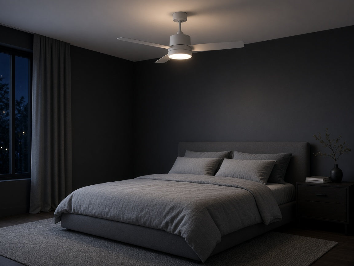 Ceiling fan with dimmable light in a bedroom