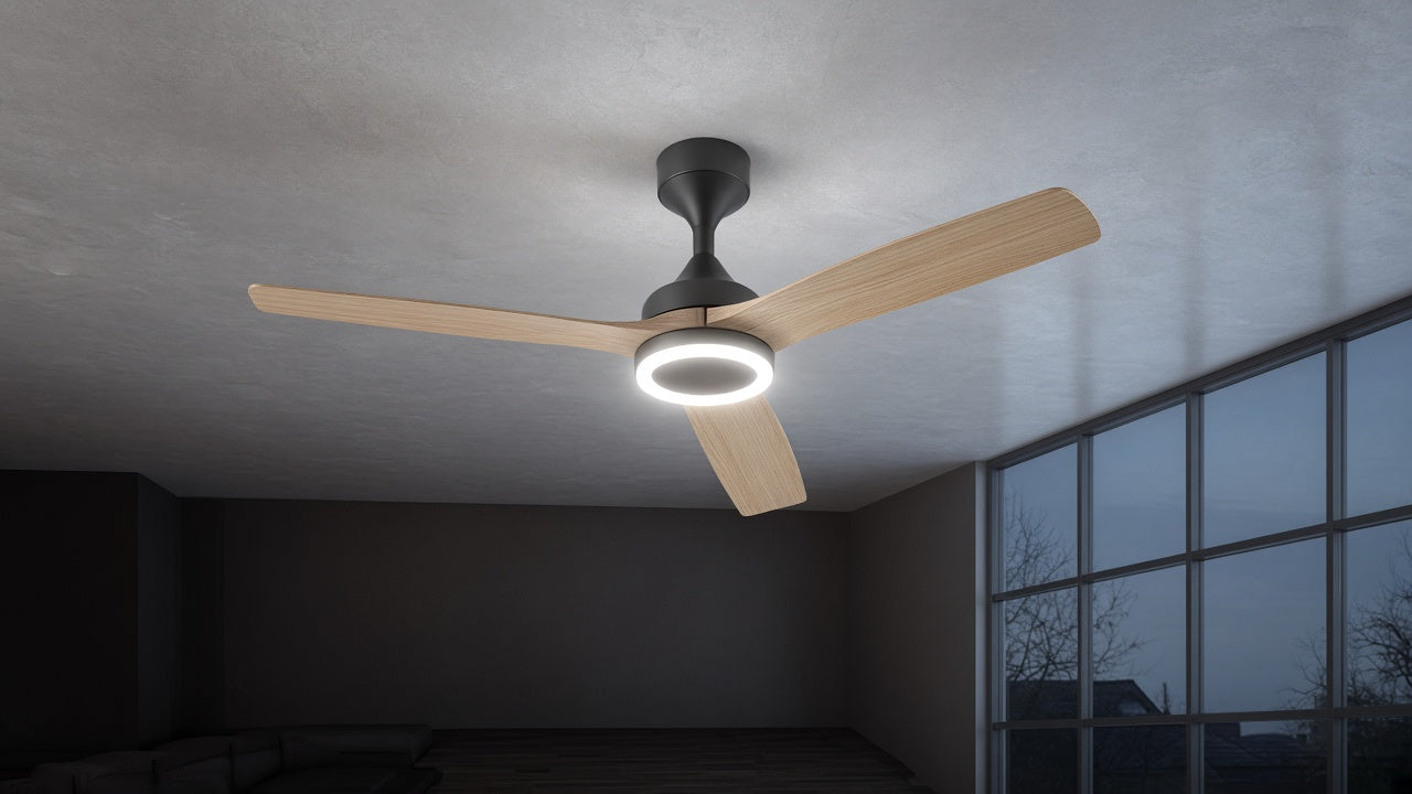 Ceiling fan with integrated LED light in a living room