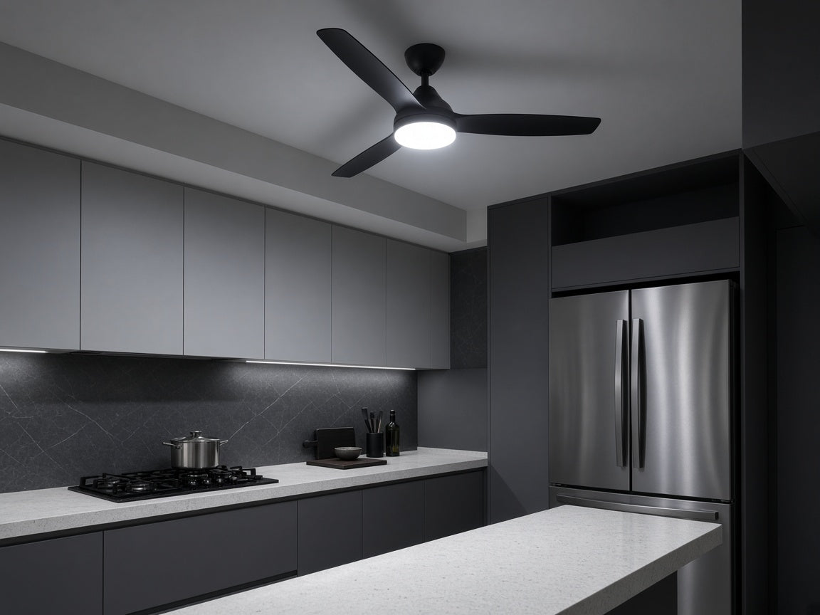 Ceiling fan with light above a kitchen