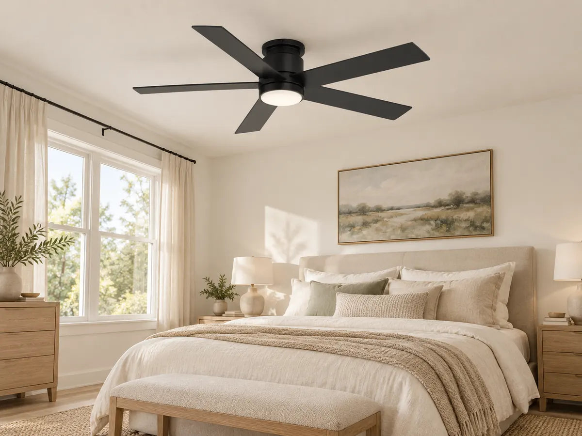 Low-profile black ceiling fan illustrated in a bright neutral bedroom